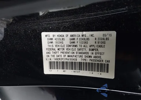 2015 Honda Accord Lx из США, поврежденный, VIN 1HGCR2F37FA195406